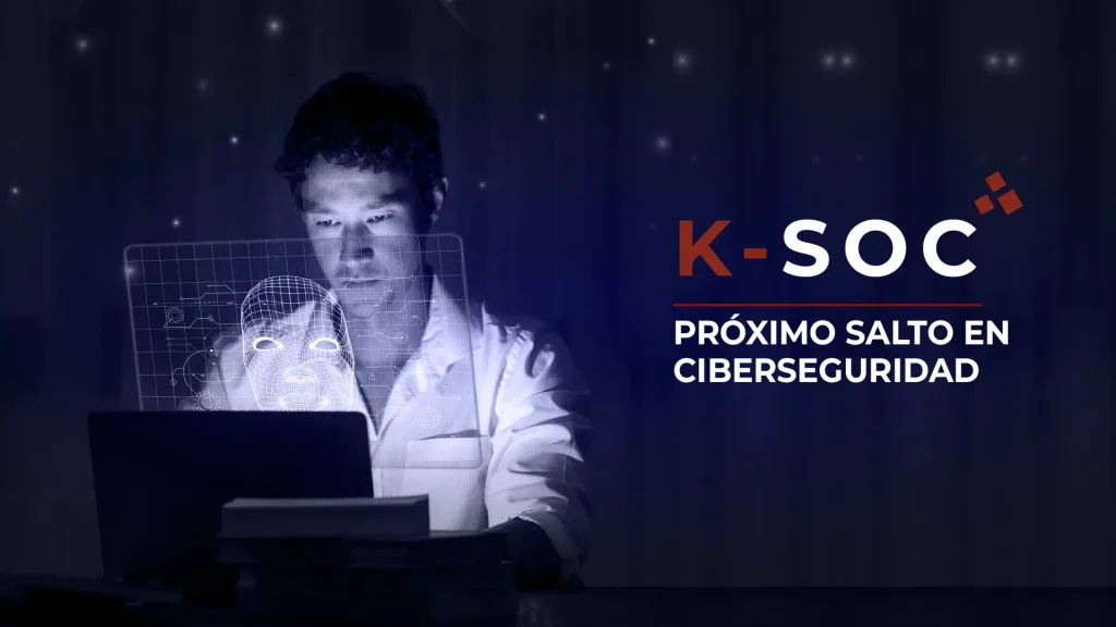 Persona trabajando frente a un computador en un Centro de Operaciones de Seguridad (SOC K-SOC) de ciberseguridad kENERTECH. El título de la imagen es 'K-SOC', representando un equipo especializado en la monitorización y defensa ante amenazas cibernéticas.